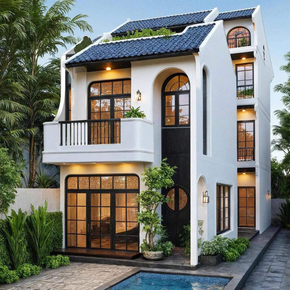 The Villa Hà Vy house at dusk: a white three-storey villa with a dark tiled roof, tall arched wooden door, black-framed windows glowing warm, palms and greenery on either side and a small pool in front.